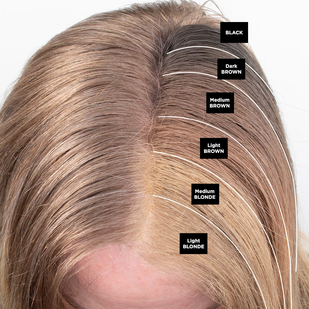 iGlow Hair Powder shade guide showing all six shades; this product is Light Brown